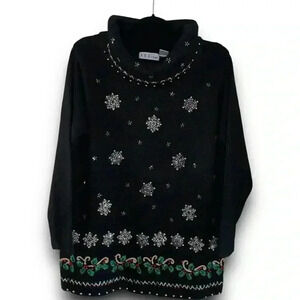 Vintage 90s black pullover knit beaded snowflake sweater L cowl turtle neck‎ EUC